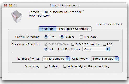 ShredIt X Hard Drive Cleaner Preferences